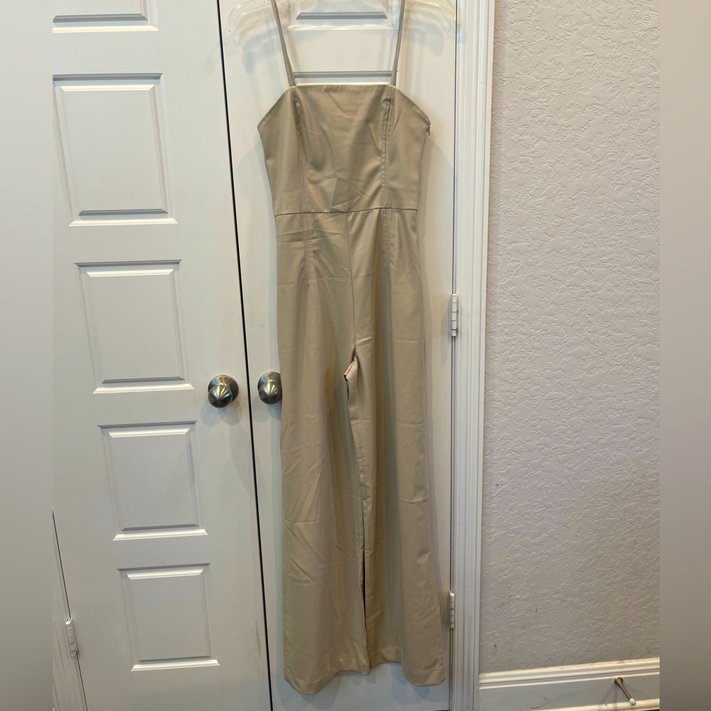 Zara Woman’s Wide Leg Nude Faux Leather Jumpsuit Preloved Size:Small